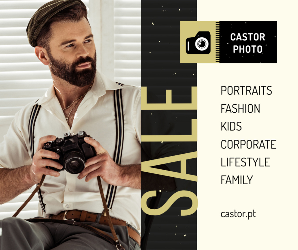 Photography Offer hipster Man with Camera Facebook Design Template