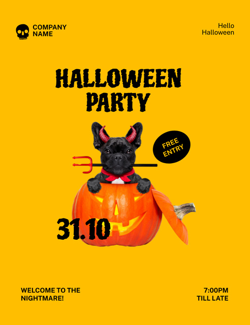 Halloween Party Announcement with Funny Bulldog Invitation 13.9x10.7cm Design Template
