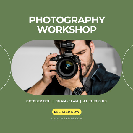 Fényképészeti műhely bejelentése az emberrel a kamerával Instagram tervezősablon