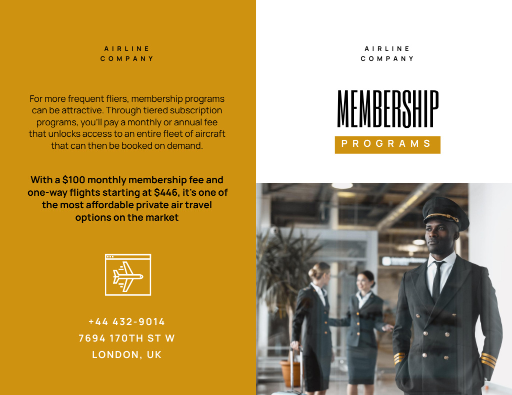 Airline Company Membership Program Brochure 8.5x11in Bi-fold Šablona návrhu