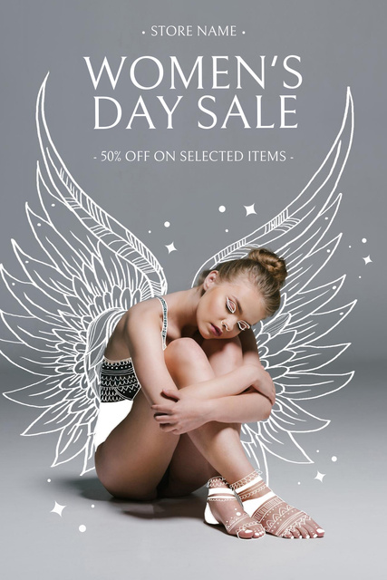 Szablon projektu Women's Day Sale with Woman with Beautiful Wings Pinterest