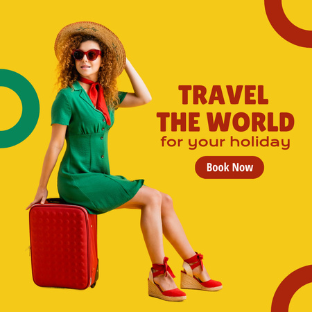 Summer Sale Announcement with Girl in Sunglasses and Hat with Suitcase Instagram Modelo de Design