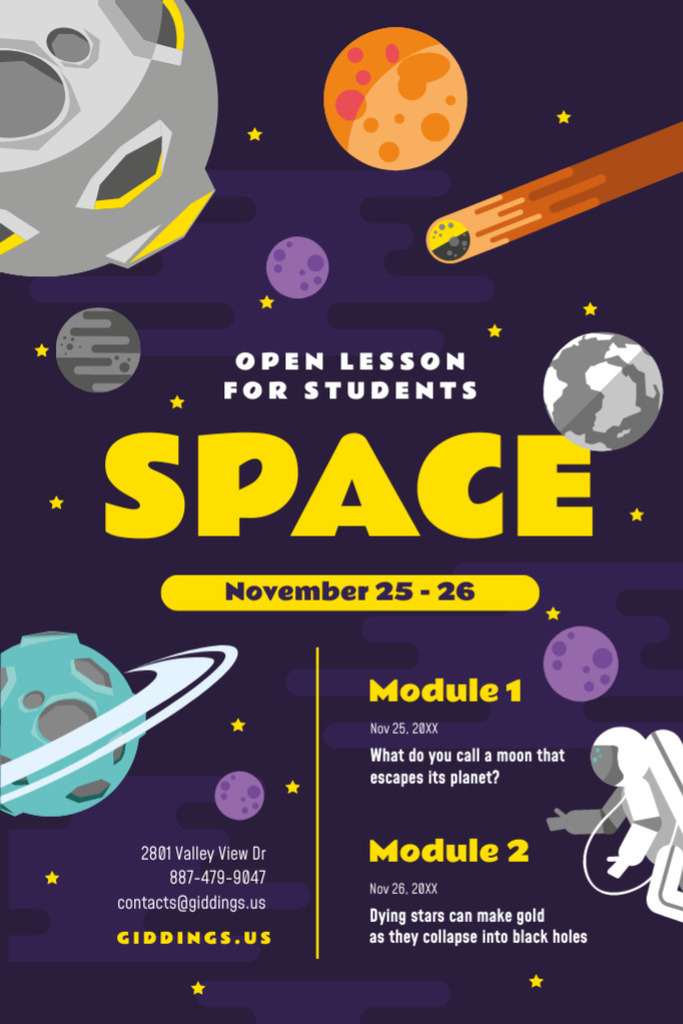 Space Lesson Announcement with Astronaut among Planets Tumblr Design Template