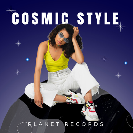 Ontwerpsjabloon van Album Cover van Collage met vrouw zittend op maan tekenen met sterren op blauwe achtergrond