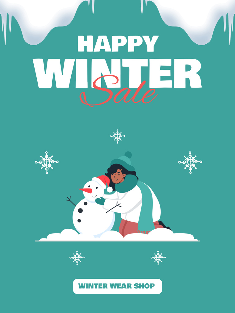 Ontwerpsjabloon van Poster US van Seasonal Holiday Sale with Girl Making Snowman