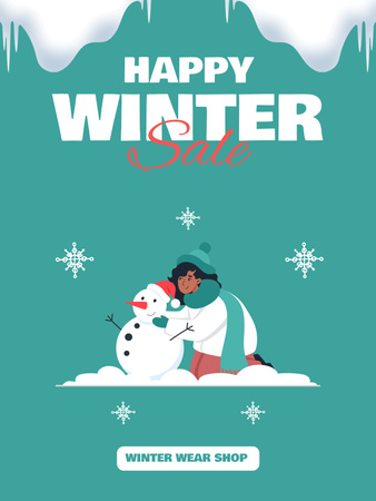 Designvorlage Saisonale Feiertagsverkäufe mit Mädchen, die Schneemann machen für Poster US