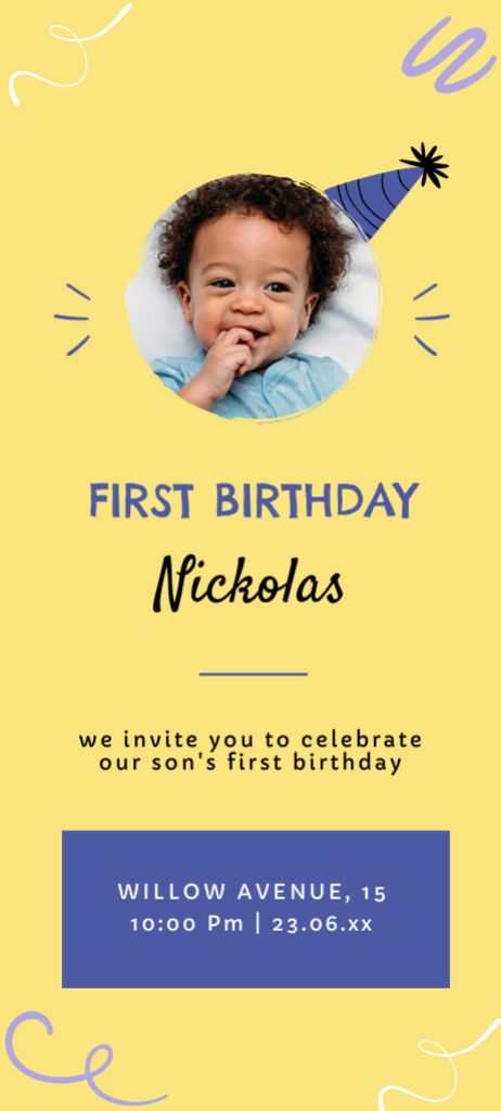 First Birthday of Little Boy Invitation 9.5x21cm Design Template