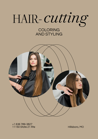Hair Salon Services Offer with young Woman Client Poster Tasarım Şablonu