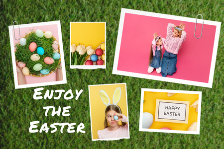 Modèle de visuel Collage de Pâques avec des enfants heureux et des oeufs colorés sur l'herbe - Mood Board