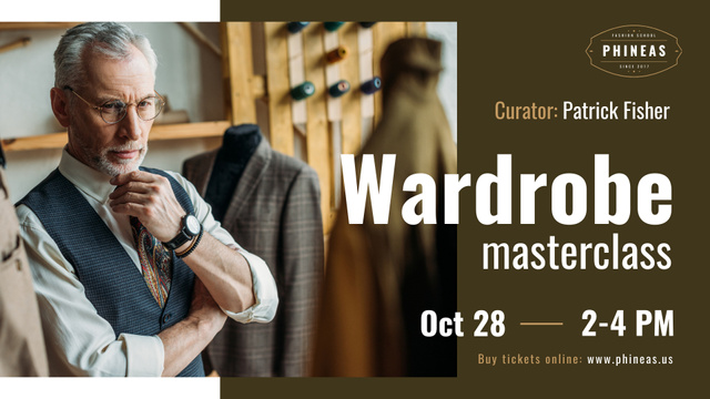 Tailoring Masterclass Man looking at bespoke Suit FB event cover Šablona návrhu