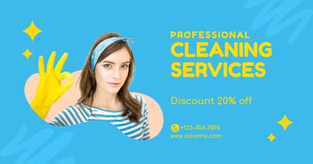 Cleaning Service Ad with Girl in Yellow Gloved Facebook AD Šablona návrhu