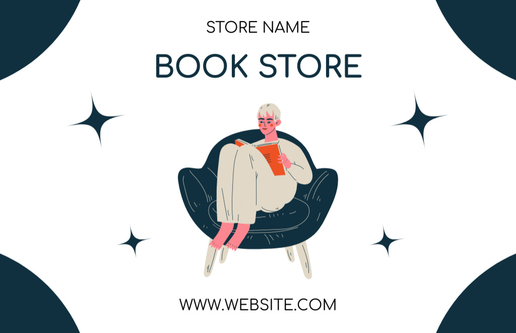Bookstore Ad with Girl reading on Chair Business Card 85x55mm Πρότυπο σχεδίασης