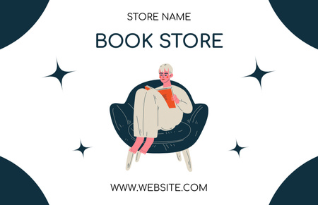 Оголошення книжкового магазину з дівчиною, яка читає на стільці Business Card 85x55mm – шаблон для дизайну