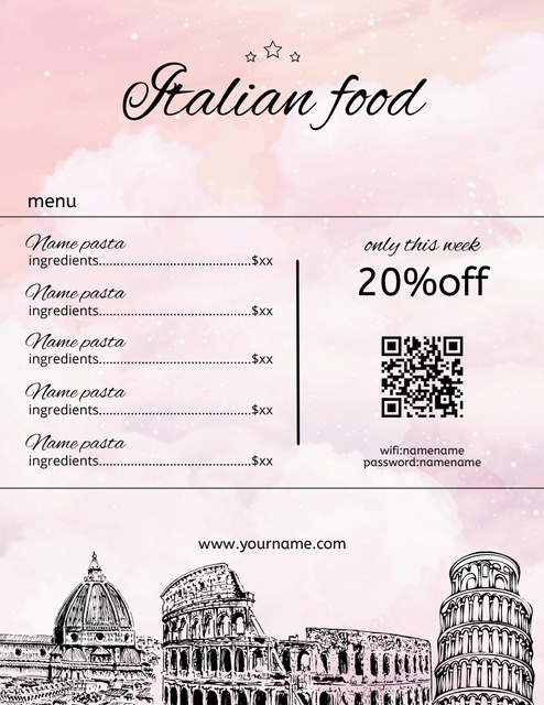 Offer Discount on Appetizing Italian Menu Menu 8.5x11in Design Template
