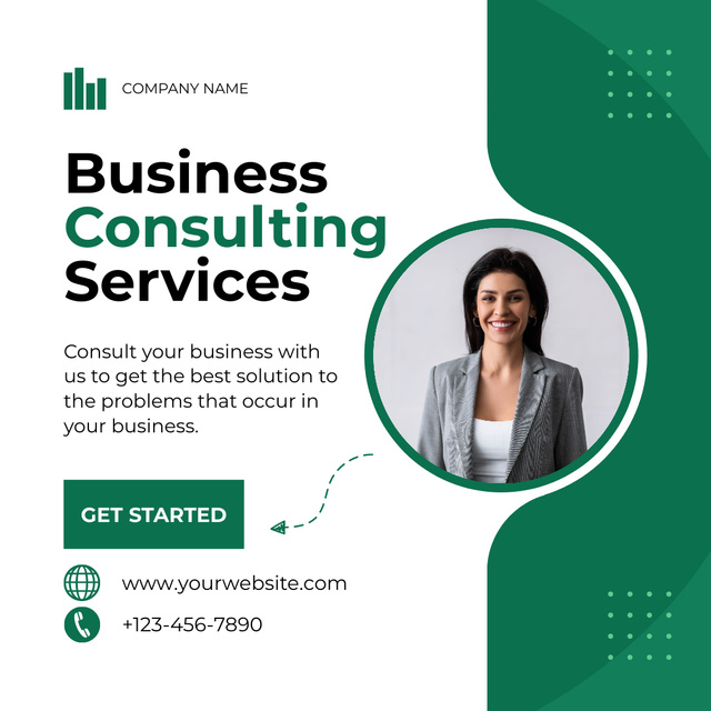 Business Consulting Services with Smiling Businesswoman Instagram Design Template