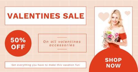 Valentine's Day Discount with Beautiful Woman in Red Dress Facebook AD Tasarım Şablonu