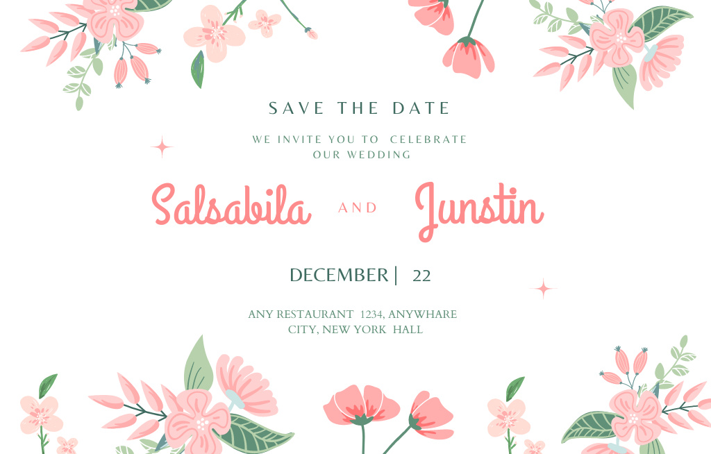 Wedding Announcement on Pink Floral Background Invitation 4.6x7.2in Horizontal Design Template