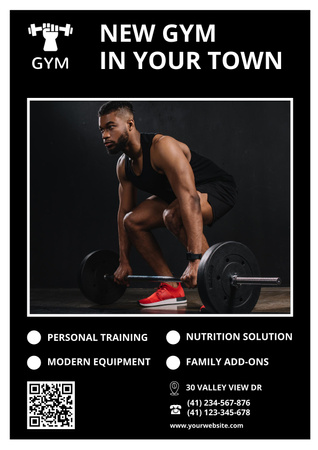 Gym Opening Announcement with Man Lifting Barbell Poster Design Template