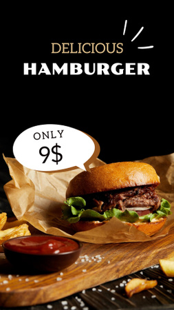 Platilla de diseño Juicy Hamburger on a Cutting Board at Fast Food Restaurant Instagram Story