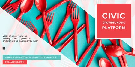 Crowdfunding Platform with Red Plastic Tableware Twitter Design Template