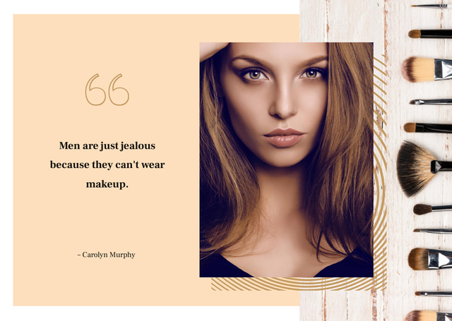 Ontwerpsjabloon van Postcard van Young attractive woman with makeup brushes