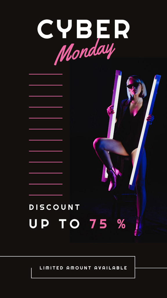 Szablon projektu Cyber Monday Discount with Woman in Neon Lights Instagram Story