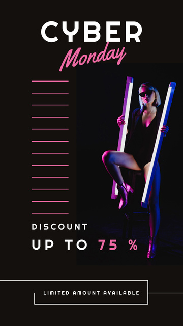 Designvorlage Cyber Monday Discount with Woman in Neon Lights für Instagram Story