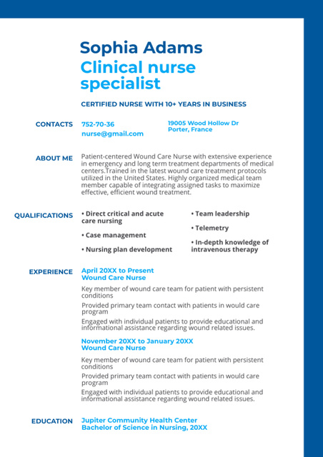 Nurse Skills and Experience in Blue Resume tervezősablon