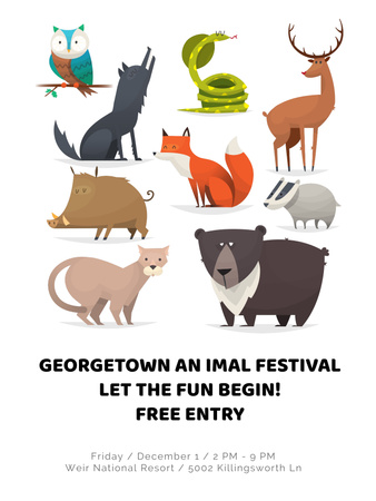 Állatfesztivál bejelentése aranyos rajzfilm állatokkal Poster US tervezősablon