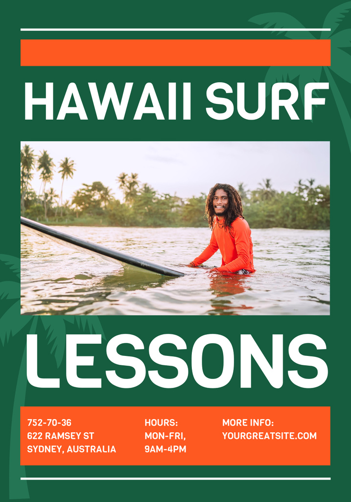 Surfing Lessons Ad in Green Poster 28x40in Tasarım Şablonu