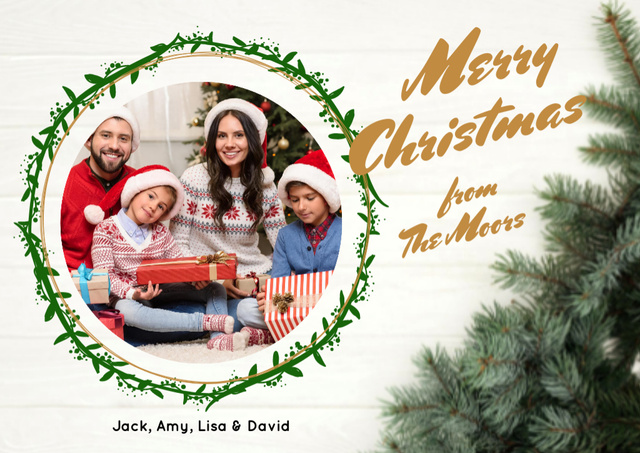 Merry Christmas Greeting Family by Fir Tree Card Design Template