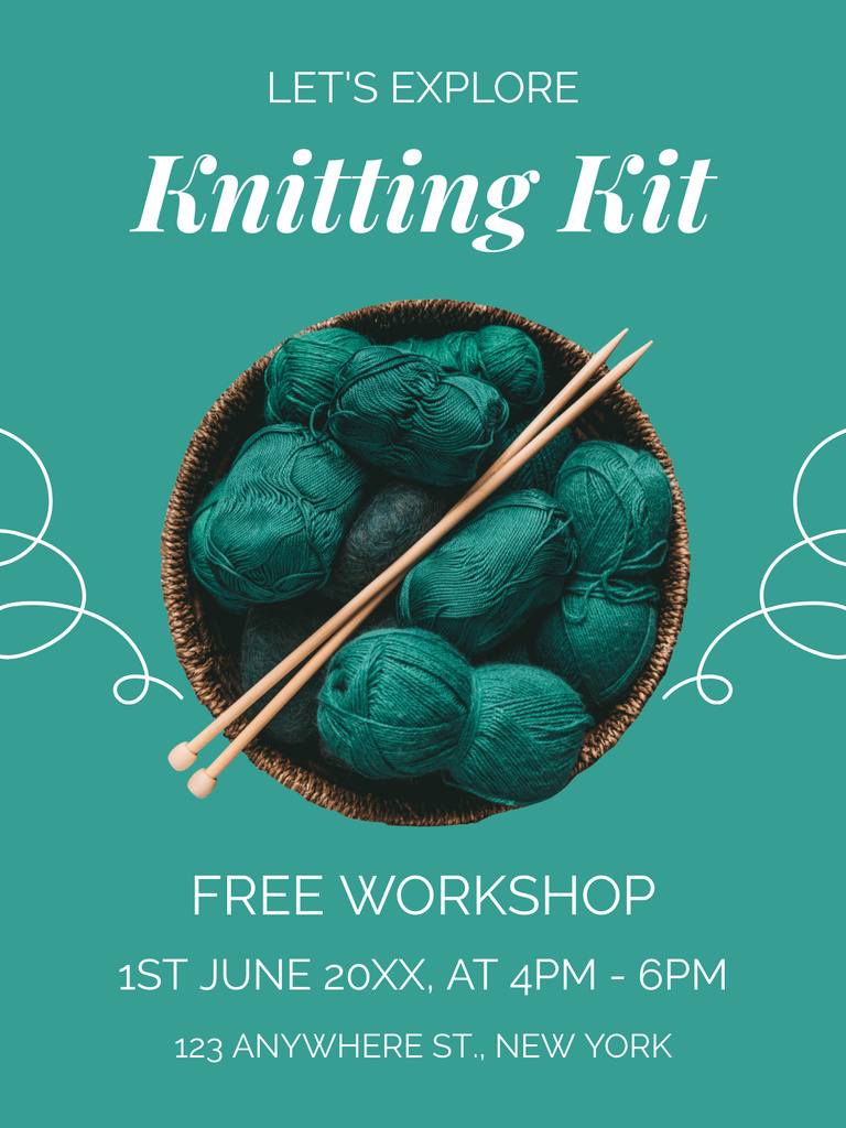 Knitting Workshop Ad with Skeins of Wool in Wicker Plate Poster US – шаблон для дизайна