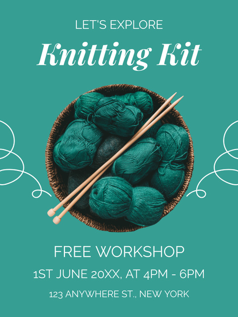 Knitting Workshop Ad with Skeins of Wool in Wicker Plate Poster US Šablona návrhu
