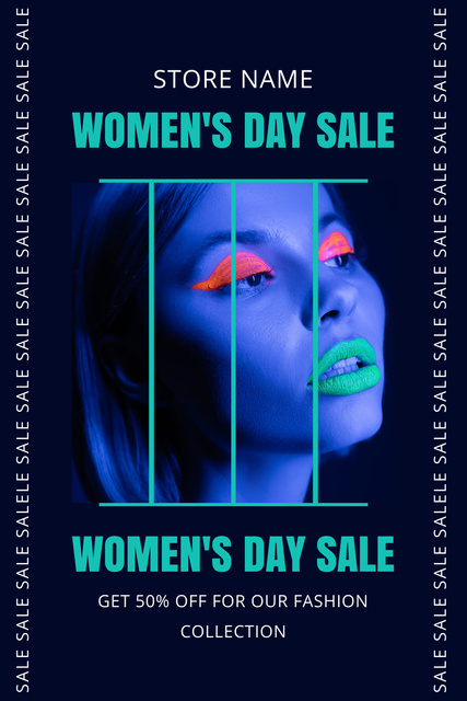Designvorlage Women's Day Sale with Woman in Bright Makeup für Pinterest