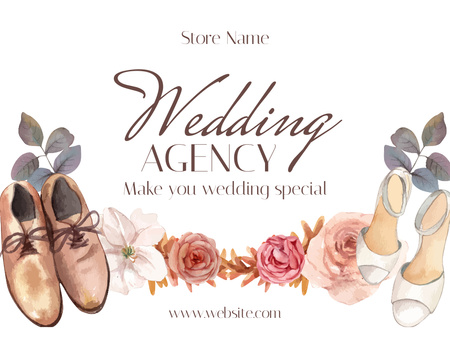 Plantilla de diseño de Anuncio de la agencia de bodas con un par de zapatos para la novia y el novio Thank You Card 5.5x4in Horizontal 