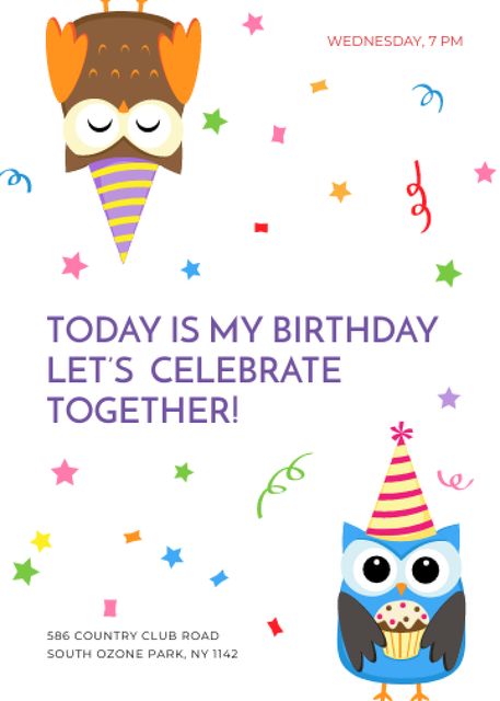 Birthday Announcement with Cute Owls Invitation – шаблон для дизайна