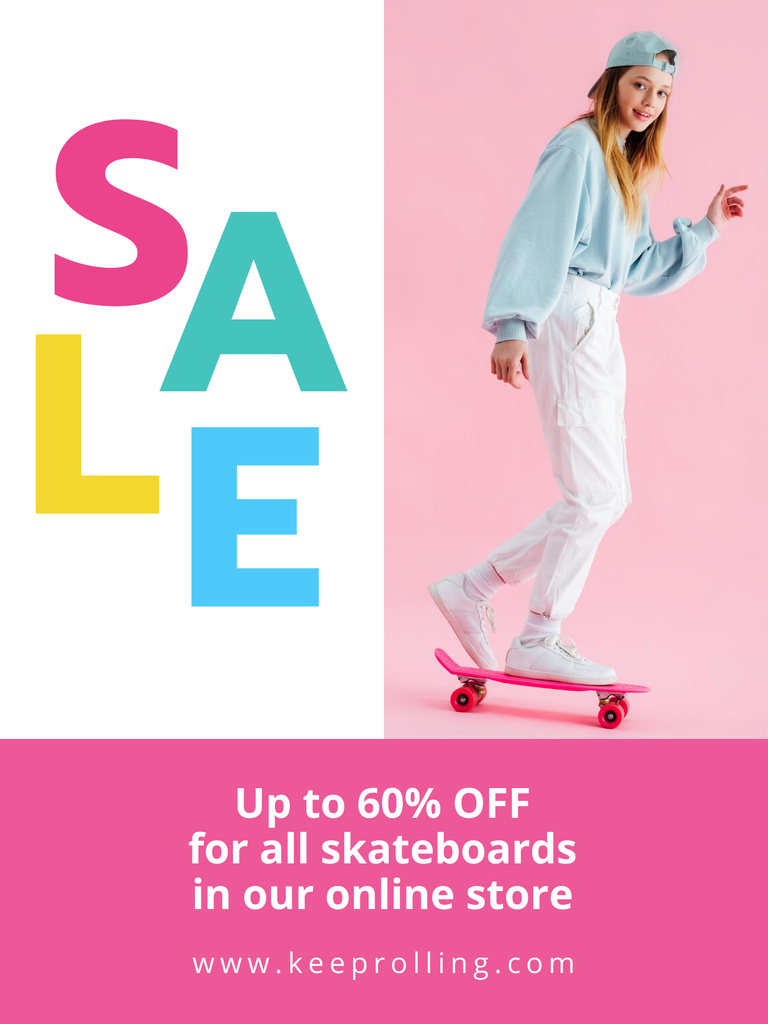Sports Equipment Ad with Girl and Bright Skateboard Poster US Design Template