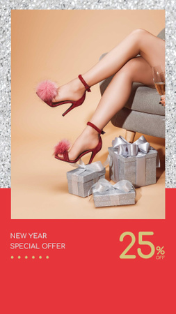 Designvorlage neujahrsangebot mädchen mit geschenken und champagner für Instagram Story