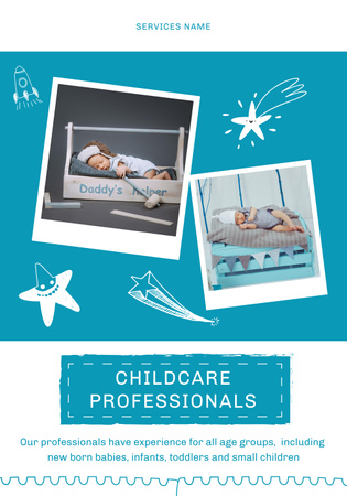 Babysitting Service Offer with Newborn Babies on Blue Poster 28x40in Design Template