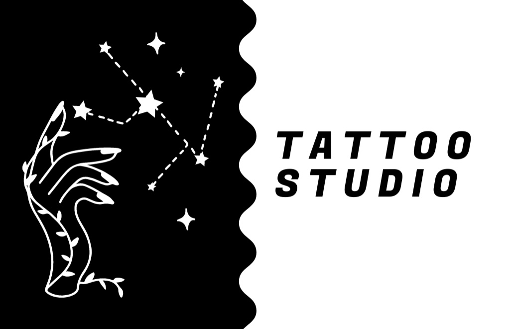 Ontwerpsjabloon van Business Card 85x55mm van Tattoo Studio Service Offer With Hand And Stars Sketch