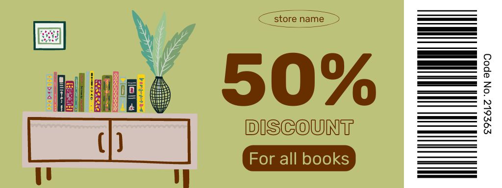 Bookstore's Discount with Bookshelf Coupon Design Template