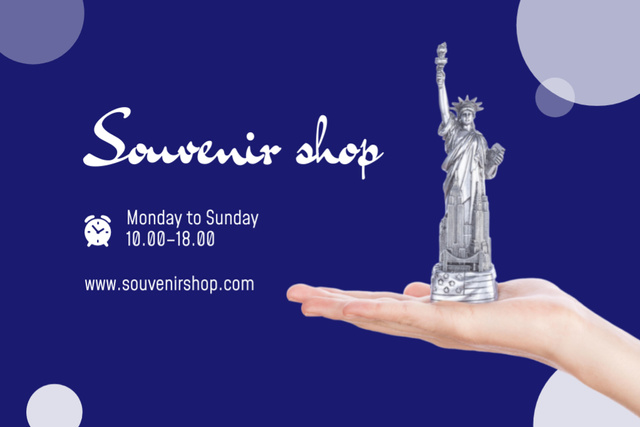 Designvorlage Souvenir Shop Ad with Tiny Statue of Liberty für Postcard 4x6in