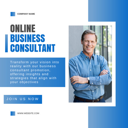 Modèle de visuel Services de consultant en affaires en ligne avec un homme souriant - LinkedIn post