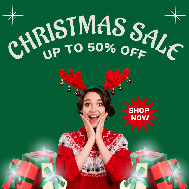 Ontwerpsjabloon van Instagram AD van Woman in Antlers for Christmas Sale Green