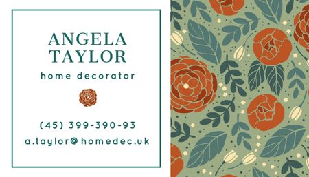 Plantilla de diseño de Contactos de decorador de hogar en patrón floral Business Card US 