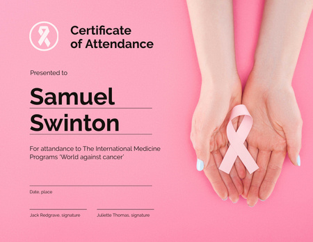 Plantilla de diseño de Programa de concientización sobre el cáncer de mama Asistencia gratitud Certificate 