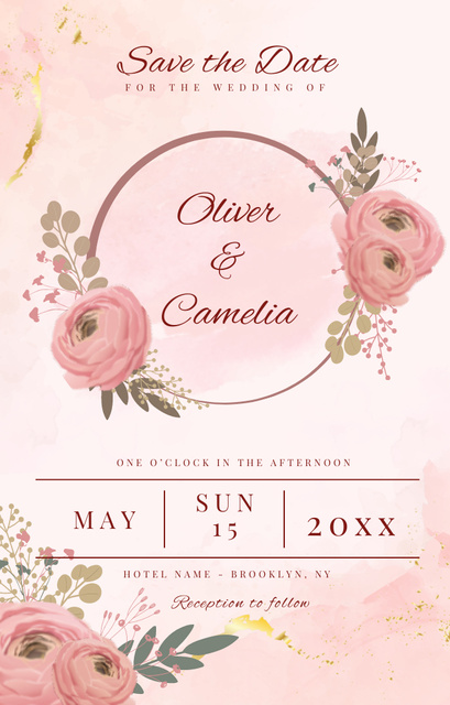 Ontwerpsjabloon van Invitation 4.6x7.2in van Wedding Announcement with Pink Flowers on Gradient