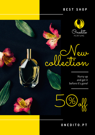 Modèle de visuel Perfume Offer with Glass Bottle in Flowers - Poster