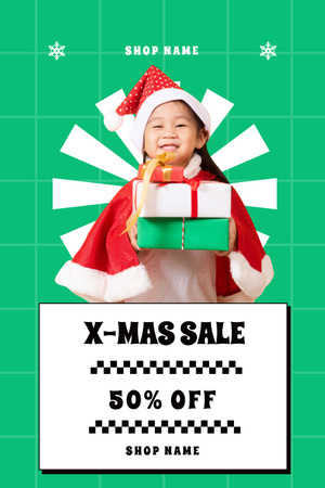 Christmas Sale Offer Kid in Holiday Costume with Presents Pinterest tervezősablon