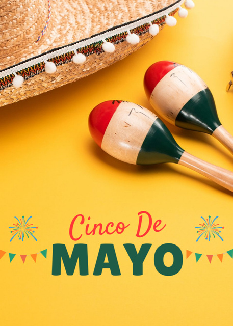 Modèle de visuel Cinco de Mayo Greeting With Maracas And Sombrero on Yellow - Postcard 5x7in Vertical